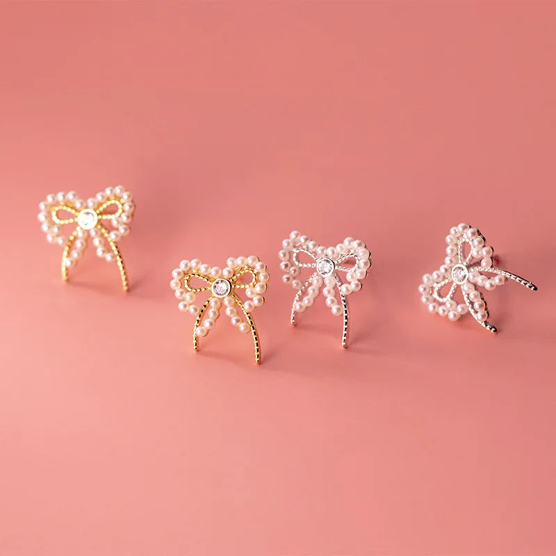 925 Sterling Silver CZ Bowknot Pearl Stud Earrings Women Birthday Gift