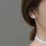 925 Sterling Silver CZ Bowknot Pearl Stud Earrings Women Birthday Gift