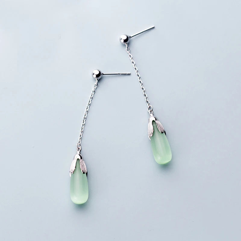 925 Silver Light Green Crystal Water Drop Earrings for Women