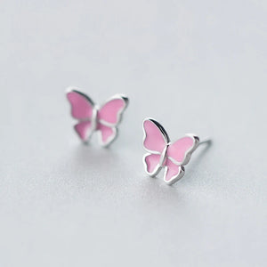 MloveAcc 925 Silver Pink Butterfly Stud Earrings Women Silver Jewelry