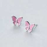 MloveAcc 925 Silver Pink Butterfly Stud Earrings Women Silver Jewelry
