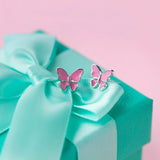 MloveAcc 925 Silver Pink Butterfly Stud Earrings Women Silver Jewelry
