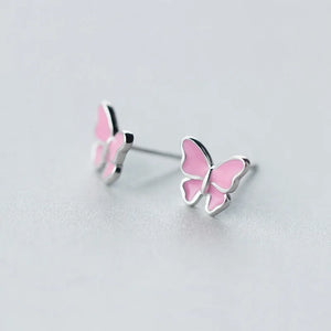 MloveAcc 925 Silver Pink Butterfly Stud Earrings Women Silver Jewelry