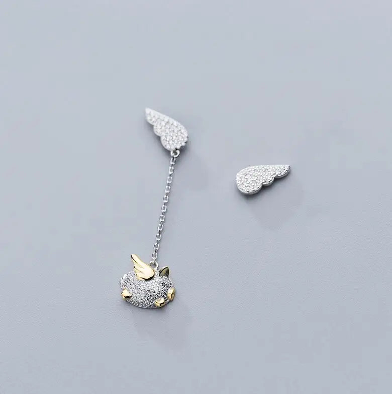 MloveAcc 925 Silver Feather Fairy Wings Pig Stud Earrings for Women