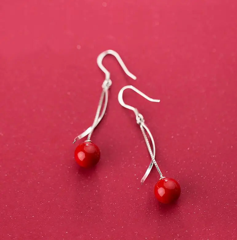 MloveAcc 925 Silver Hook Earrings Red Pearl Drop Party Jewelry
