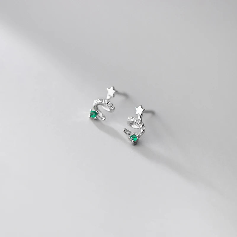 MloveAcc 925 Silver Spiral Xmas Tree Stud Earrings Green Zircon Star Small Gift