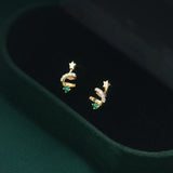 MloveAcc 925 Silver Spiral Xmas Tree Stud Earrings Green Zircon Star Small Gift