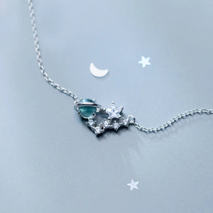 925 Silver Secret Planet Star Pendant Necklace Clear CZ