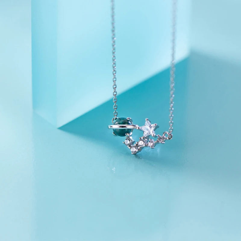 925 Silver Secret Planet Star Pendant Necklace Clear CZ