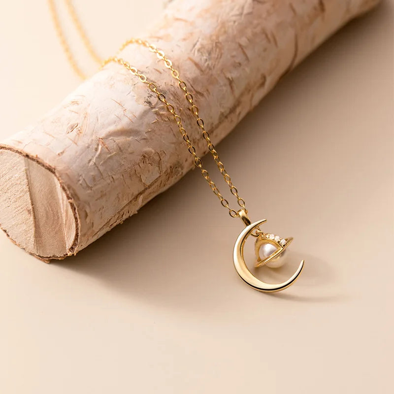MloveAcc Silver Moon & Planet Pendant Necklace 925 Sterling Silver Charm