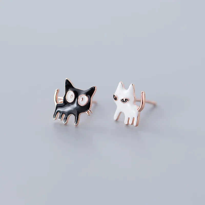 MloveAcc 925 Silver Cat Stud Earrings Enamel Small Kids Girls Children Earrings