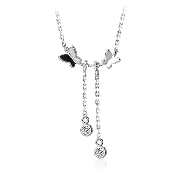 MloveAcc Butterfly Necklace 925 Silver CZ Tassel Choker Wedding Jewelry