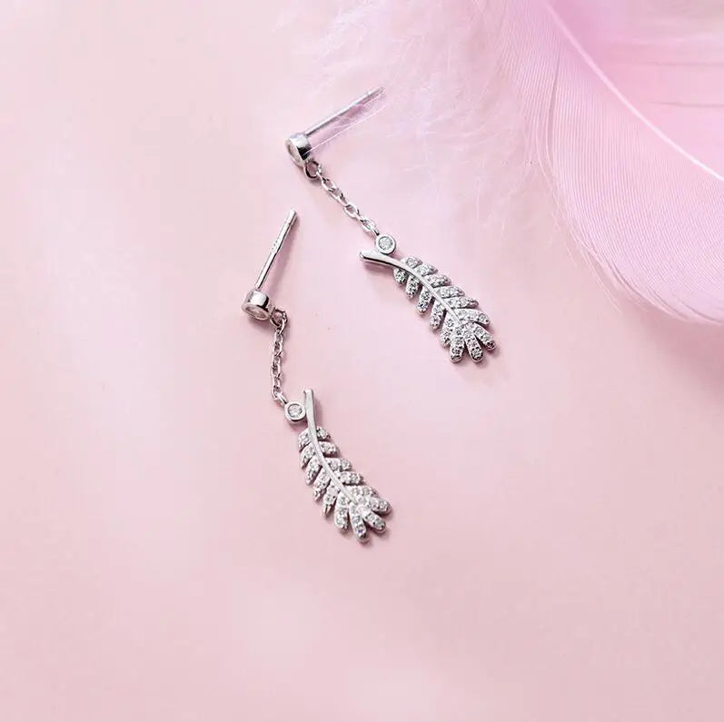 MloveAcc 925 Silver Feather Leaf CZ Drop Earrings Women Engagement Wedding