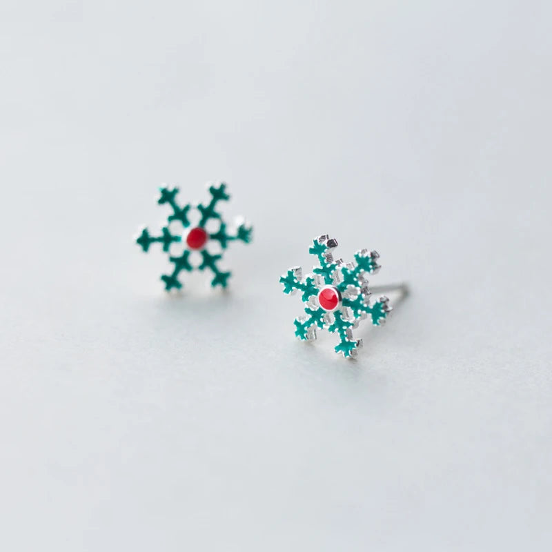 MloveAcc Green Enamel Snowflake Stud Earring 925 Sterling Silver Small