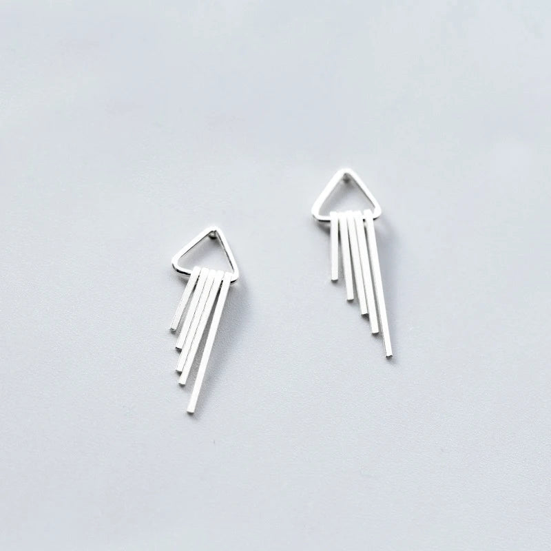 925 Silver Triangle Stud Earrings with Tassels Women Jewelry