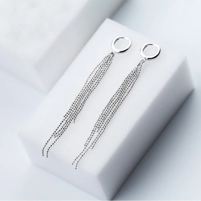 925 Silver Beaded Tassel Hoop Earrings Wedding Party Jewelry
