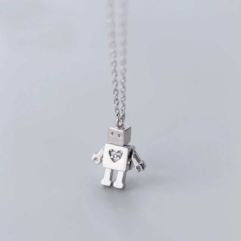 925 Silver CZ Heart Robot Pendant Necklace