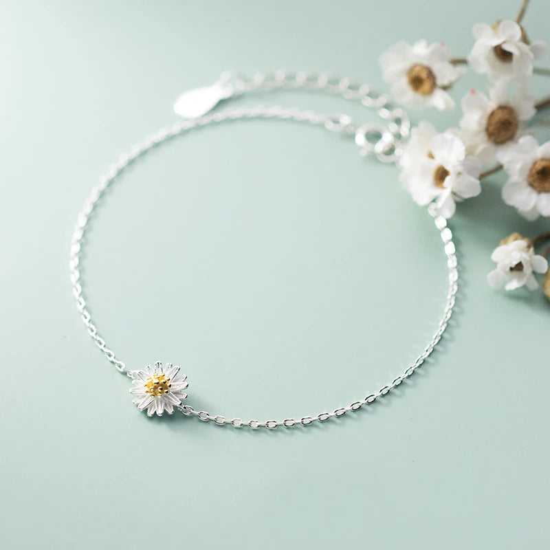 Real 925 Sterling Silver Darling Daisy Chain Bracelet Women Jewelry