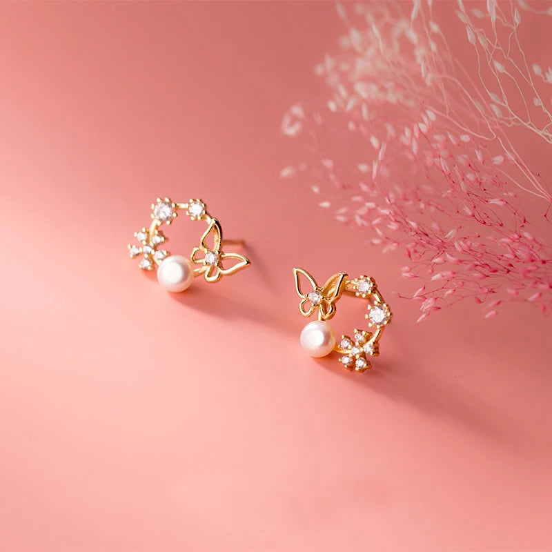 Real 925 Sterling Silver Earrings Butterfly Flowers Pearl CZ Crystal Women