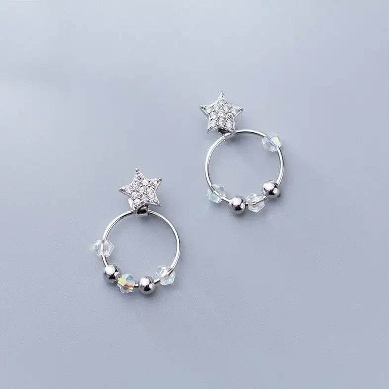 925 Silver Star & Bead Loop Stud Earrings Women S925 Jewelry Gift