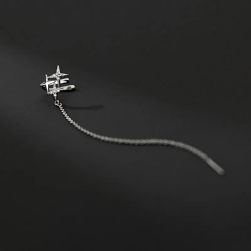 925 Silver Stars Ear Cuff Zircon Long Chain Earrings