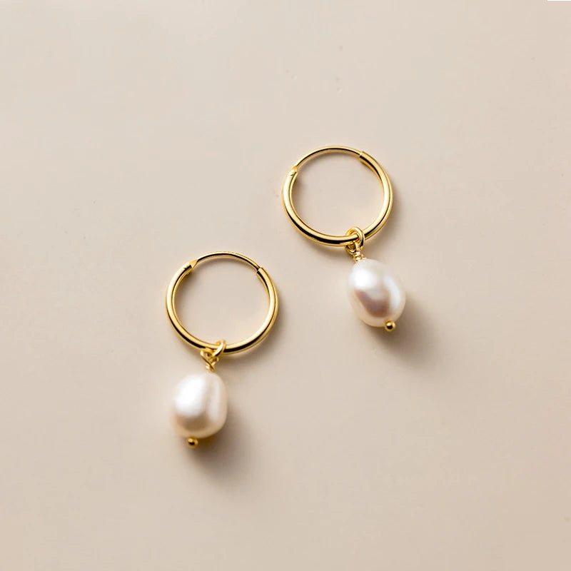 Real Silver Hoop Earrings 925 Sterling Pearl Charm Women Engagement