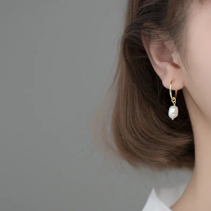 Real Silver Hoop Earrings 925 Sterling Pearl Charm Women Engagement