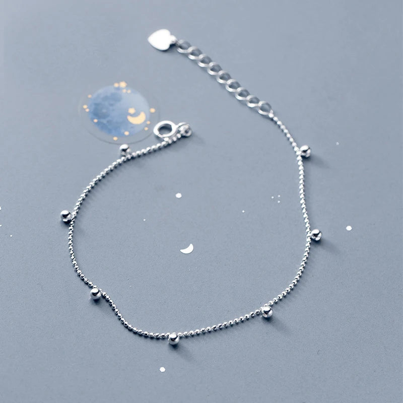 MloveAcc S925 Silver Beaded Chain Bracelet 19.5CM for Women Lady Daughter