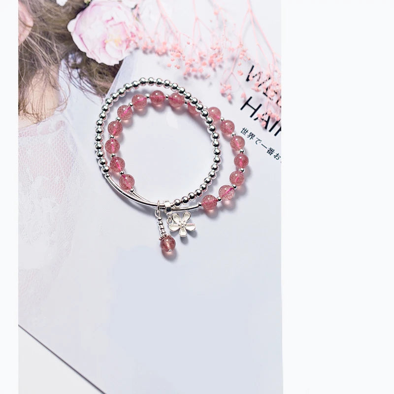 925 Silver Beaded Bracelet Strawberry Crystal Beads