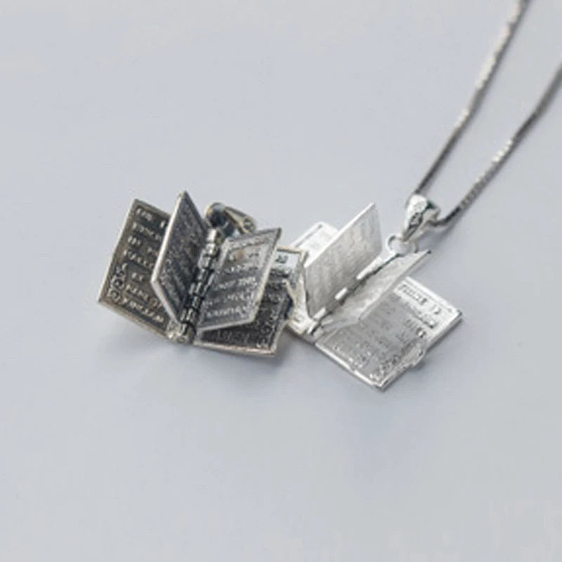 MloveAcc 925 Silver Holy Bible Necklace Book Page Charms Christian Religious