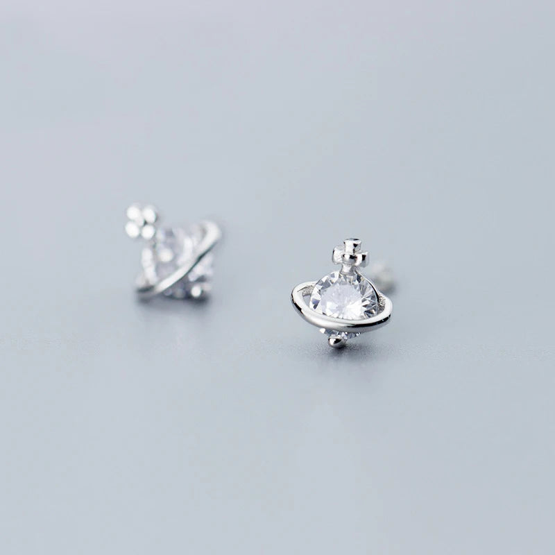 MloveAcc Tiny Silver CZ Planet Stud Earrings for Girls