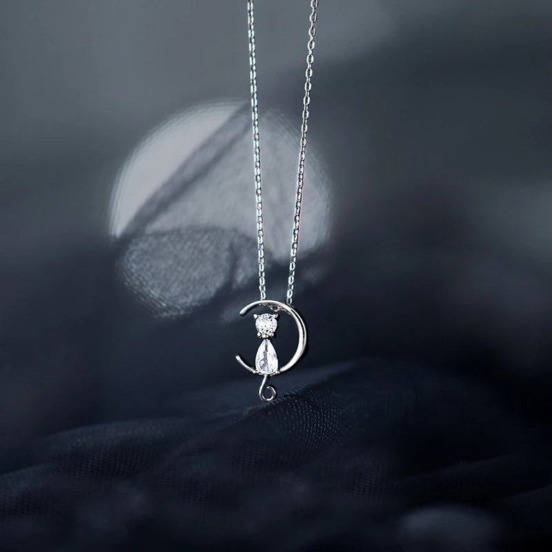 Crystal Cat Pendant Moon Choker Necklace for Women