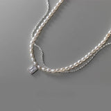 925 Silver Pearl & Zircon Square Choker Necklace Pendant