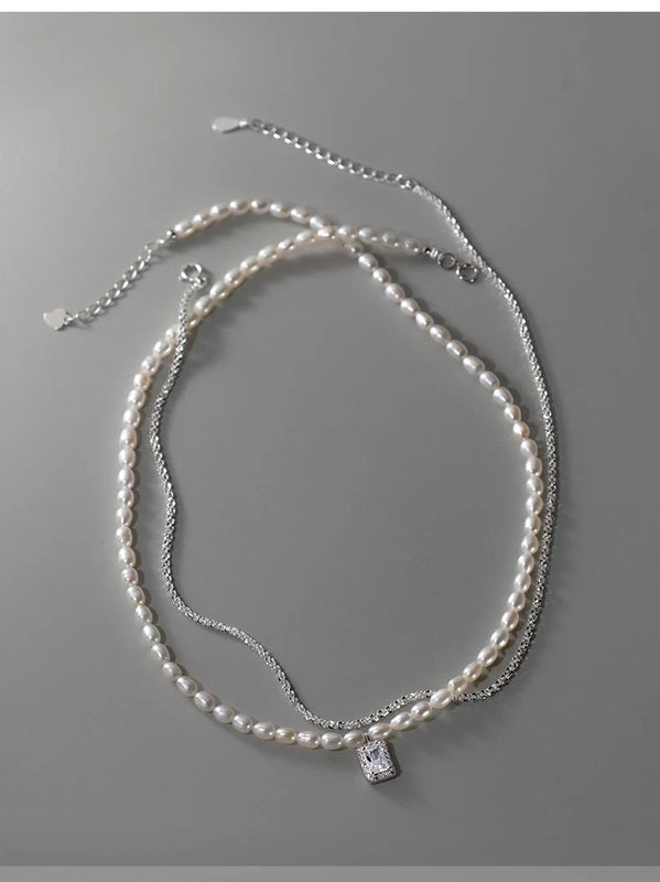 925 Silver Pearl & Zircon Square Choker Necklace Pendant