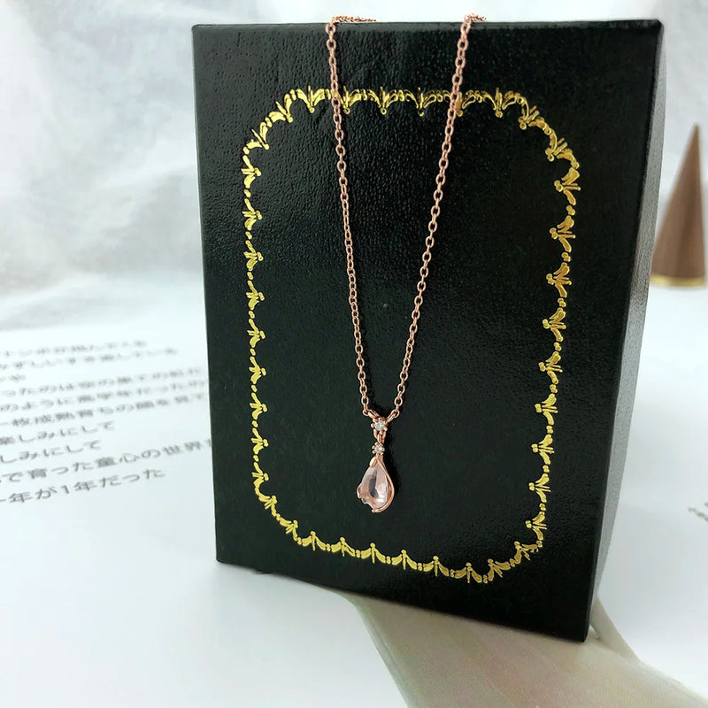 925 Silver Sakura Pendant Necklace Cherry Blossoms Rose Quartz 18K Plated
