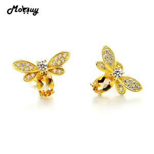 925 Silver Natural Citrine Bee Stud Earrings 14K Yellow Plated Fine Jewelry