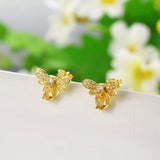 925 Silver Natural Citrine Bee Stud Earrings 14K Yellow Plated Fine Jewelry