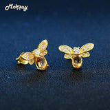925 Silver Natural Citrine Bee Stud Earrings 14K Yellow Plated Fine Jewelry