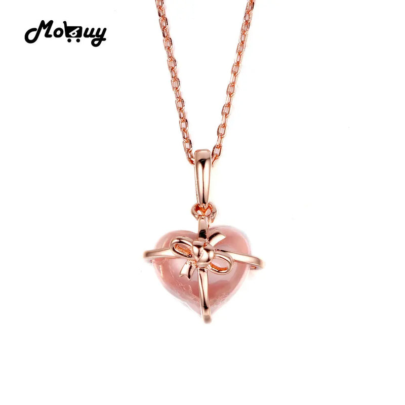 Rose Quartz Heart Cut Bow Necklace Sterling Silver 925