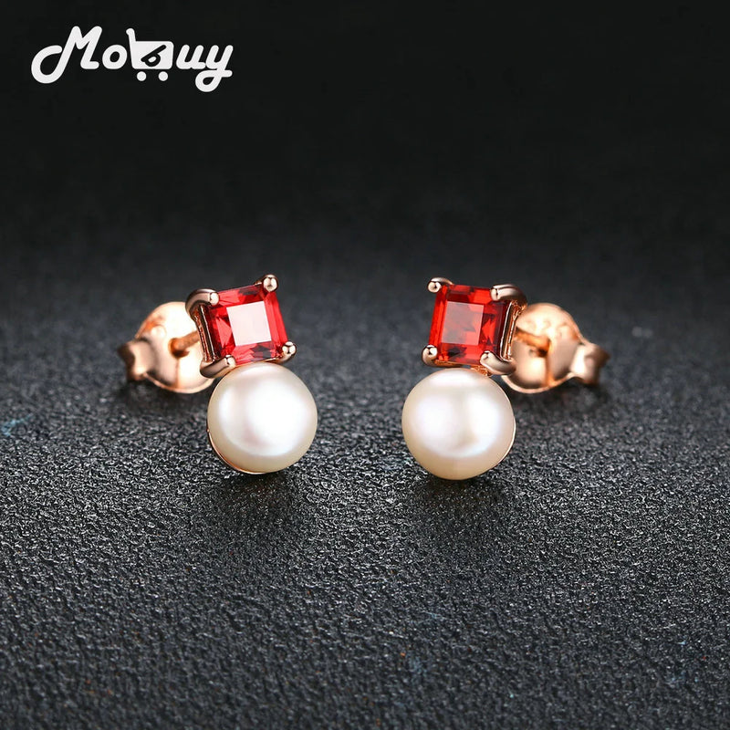 Natural Pearl Gemstone Stud Earrings 925 Silver Rose Plated Garnet Jewelry