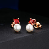 Natural Pearl Gemstone Stud Earrings 925 Silver Rose Plated Garnet Jewelry