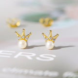 S925 Silver Freshwater Pearl Crown Stud Earrings 14K Plated
