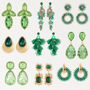 Green Crystal Yarn Flower Dangle Earrings