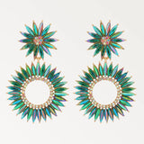 Green Crystal Yarn Flower Dangle Earrings