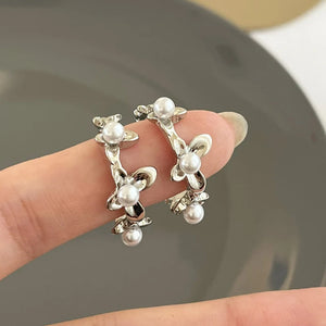 925 Silver Needle Hoop Earrings with Simulated Pearl - Hot Style