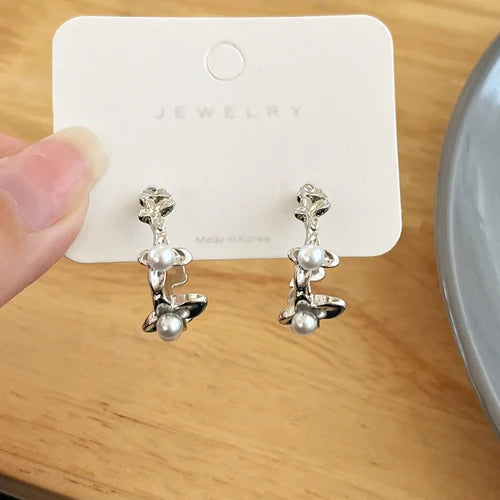 925 Silver Needle Hoop Earrings with Simulated Pearl - Hot Style