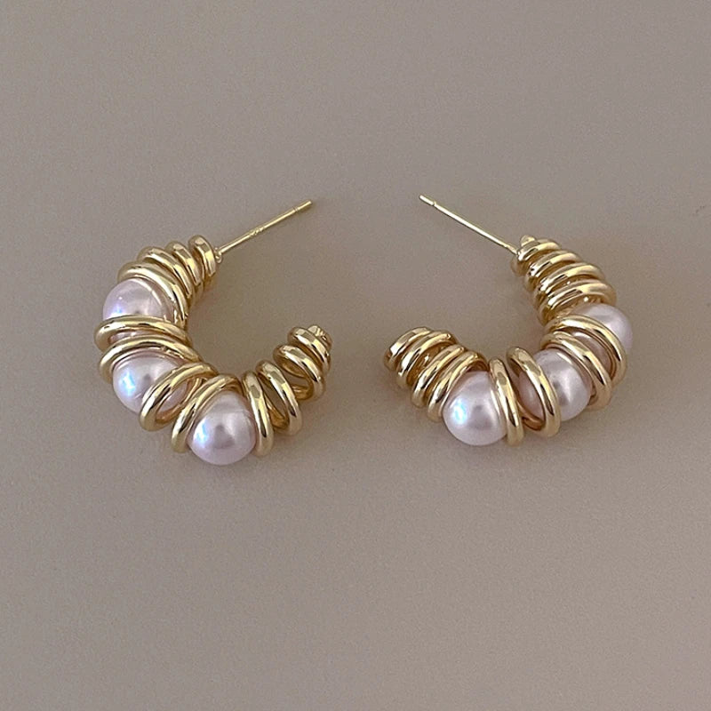 Metal Simulated Pearl Earrings For Women Ear Accessories
