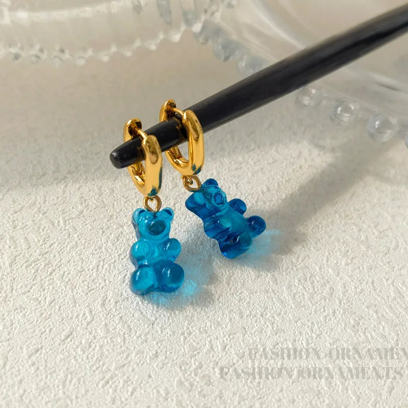 Green Transparent Resin Little Bear Drop Earrings