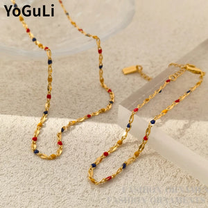 Colorful Beads Necklace Bracelet Set High Brass Chain Women