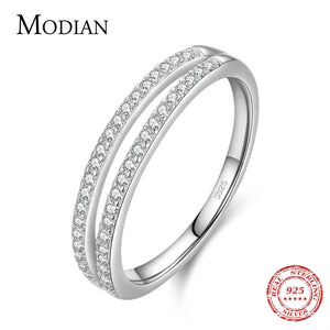 925 Sterling Silver Double Circle Line Clear CZ Finger Ring for Women